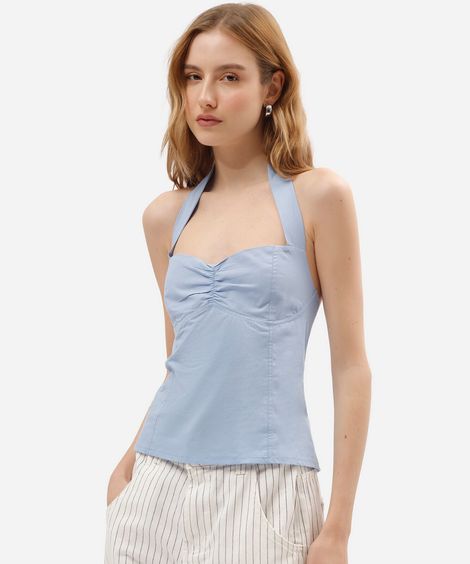 blusa frente única feminina de algodão decote coração com franzido azul