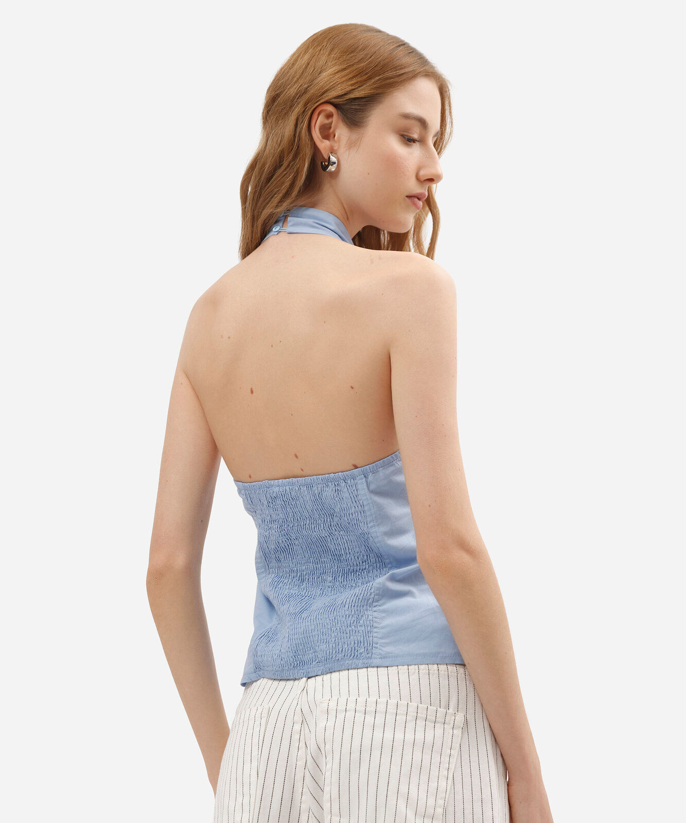 blusa frente única feminina de algodão decote coração com franzido azul