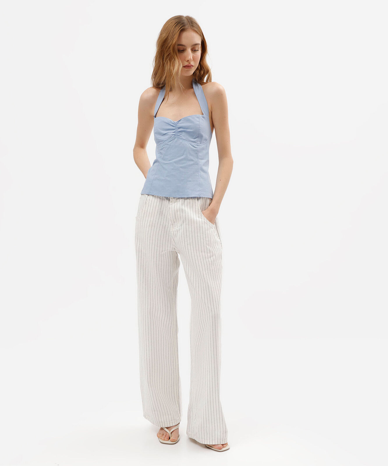 blusa frente única feminina de algodão decote coração com franzido azul
