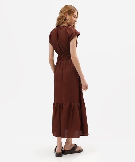 vestido midi feminino de algodão decote v franzido marrom