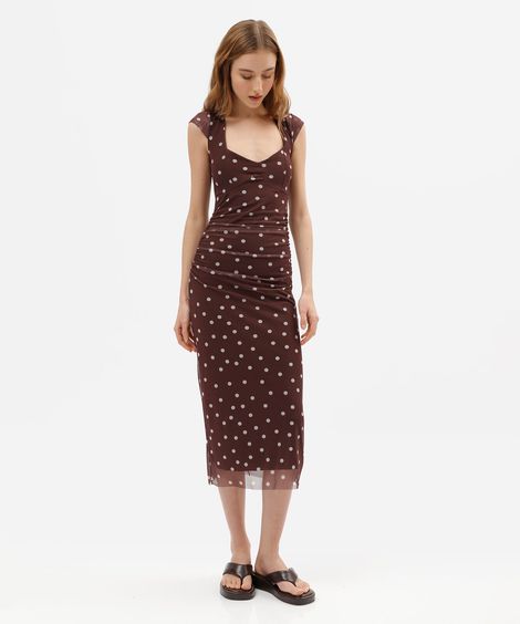 vestido midi feminino de tule franzido poá marrom