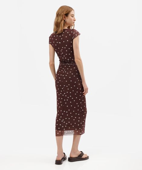 vestido midi feminino de tule franzido poá marrom