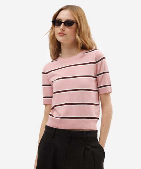 blusa feminina de tricot manga curta listrada rosa