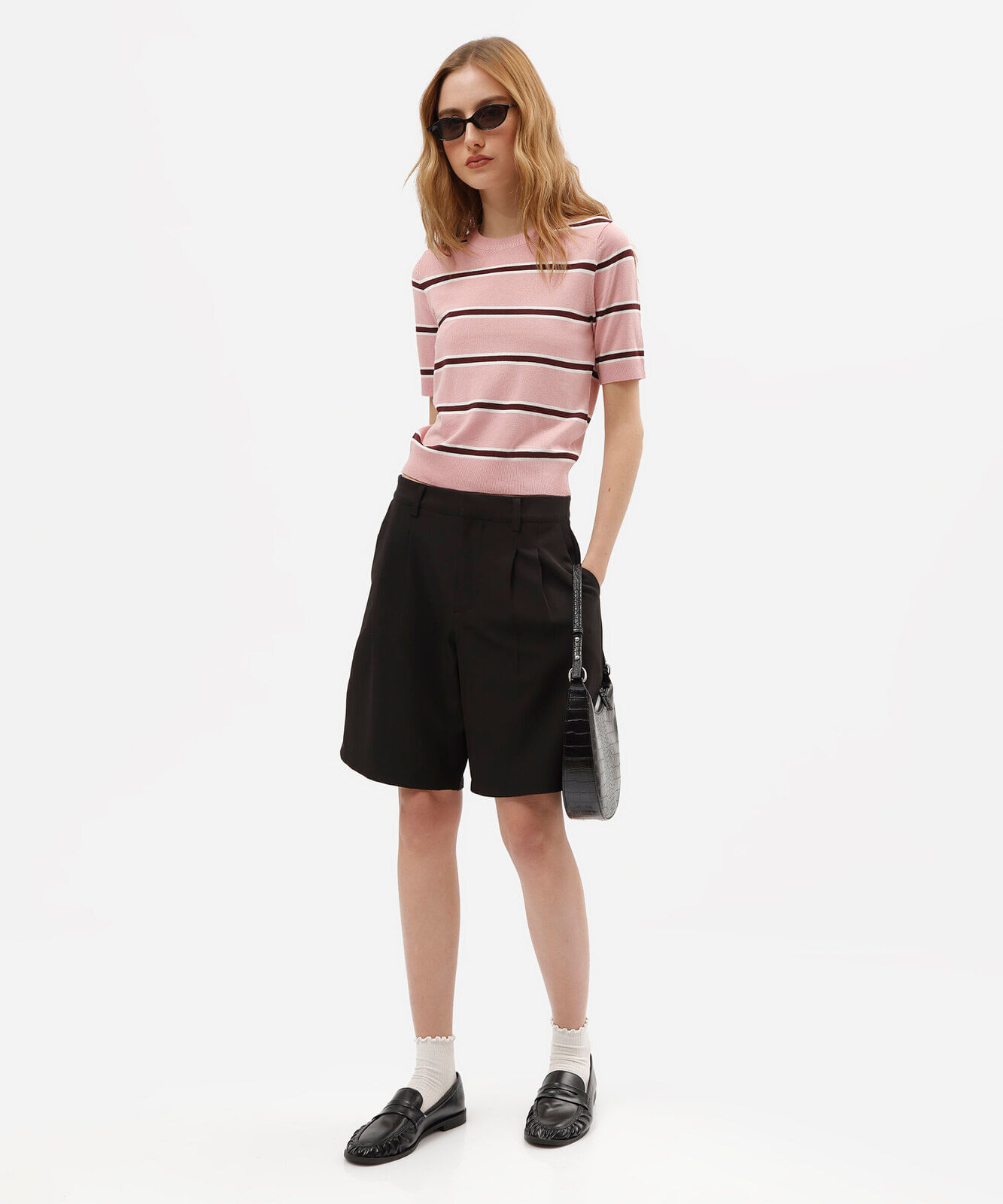 blusa feminina de tricot manga curta listrada rosa