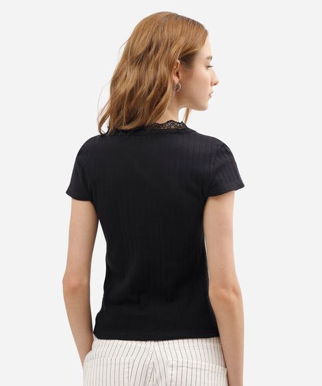 blusa baby look feminina de algodão com renda manga curta preta