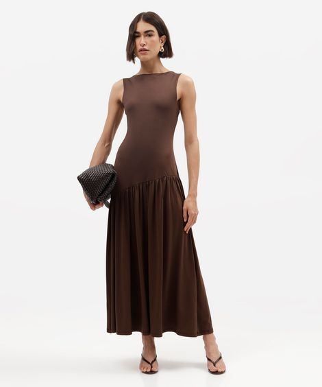 vestido midi feminino decote canoa assimétrico marrom