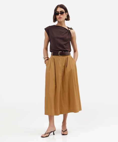 saia midi feminina com cinto texturizada marrom