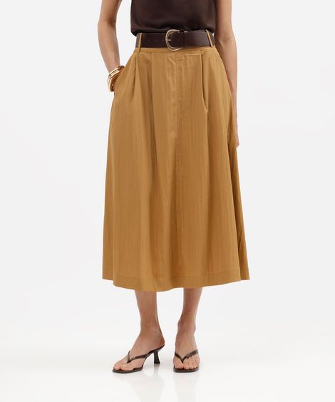 saia midi feminina com cinto texturizada marrom