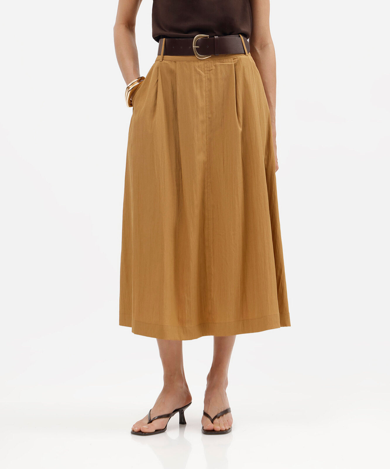 saia midi feminina com cinto texturizada marrom