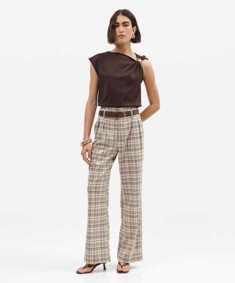 calça wide leg feminina com cinto xadrez bege