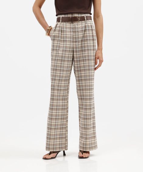 calça wide leg feminina com cinto xadrez bege