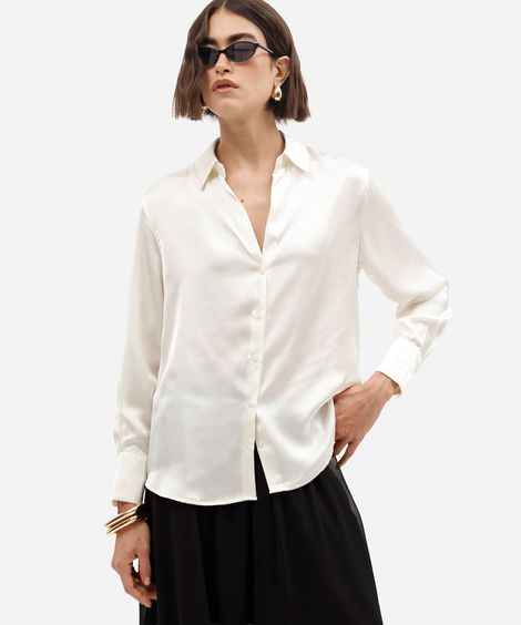camisa feminina manga longa acetinada bege