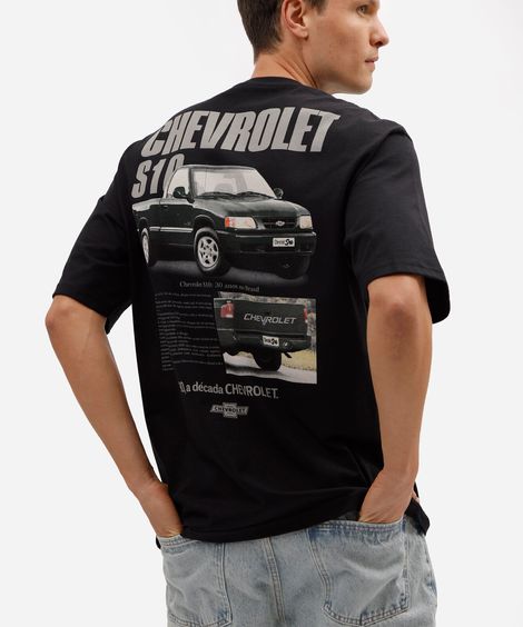 camiseta masculina relaxed de algodão com estampa chevrolet s10 preta