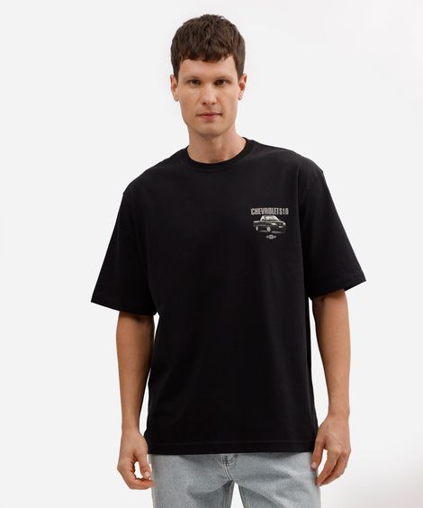 camiseta masculina relaxed de algodão com estampa chevrolet s10 preta