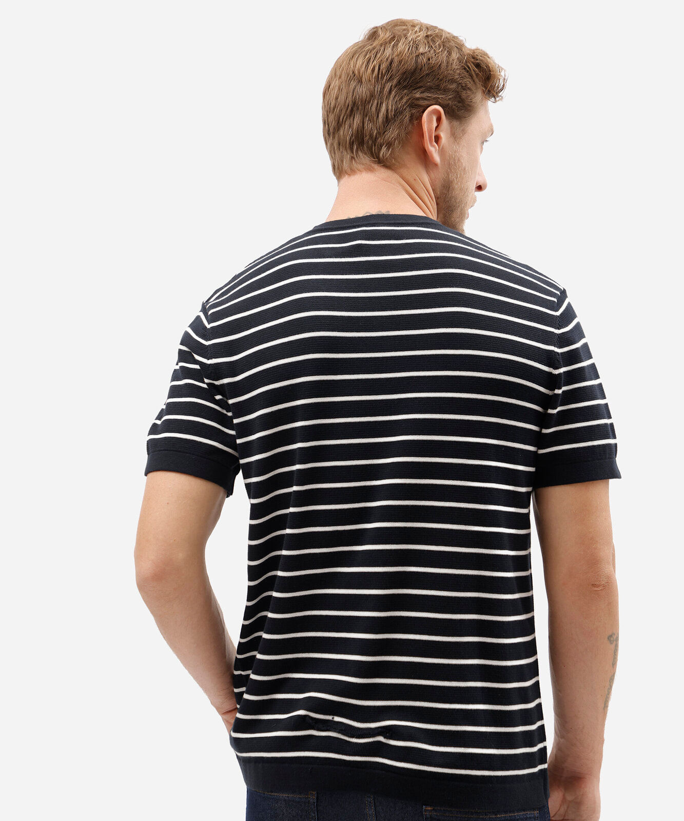 camiseta masculina de tricot listrada azul