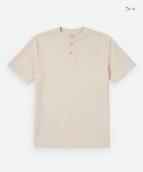 camiseta masculina henley listrada bege