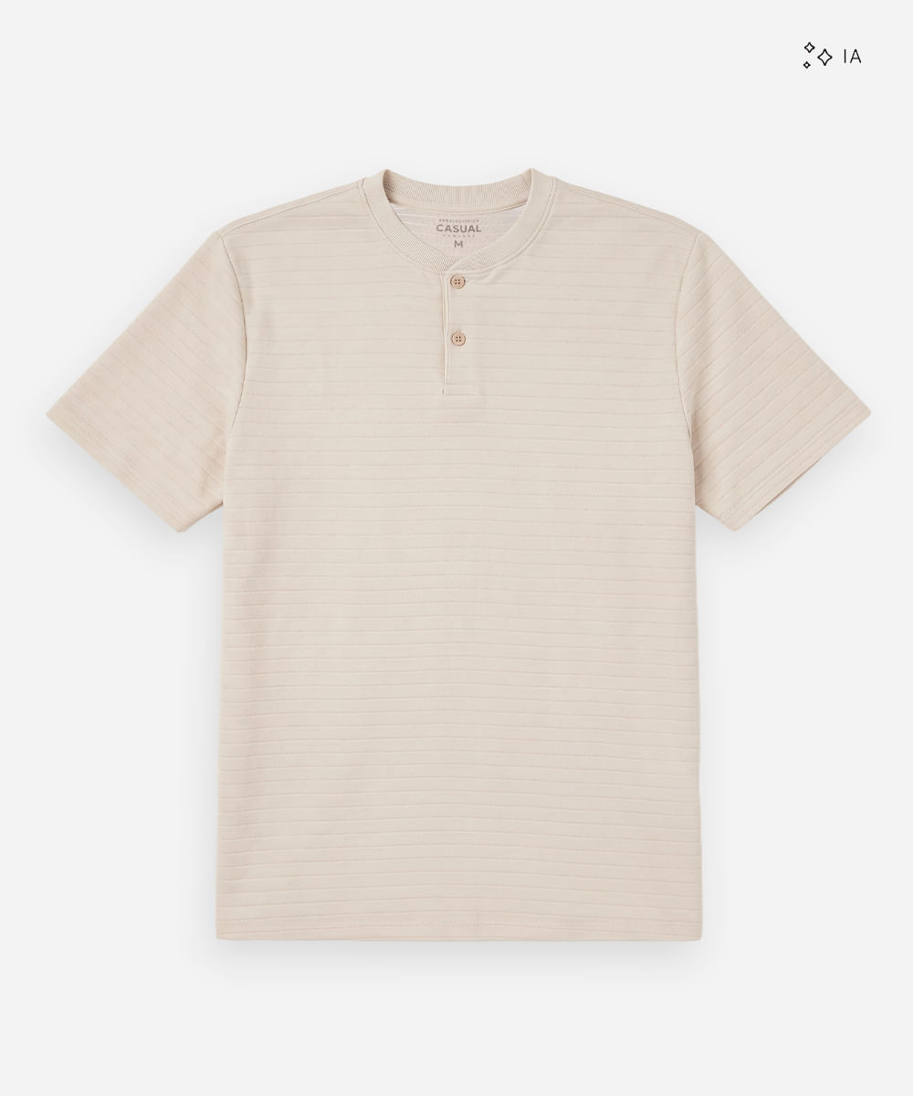 camiseta masculina henley listrada bege