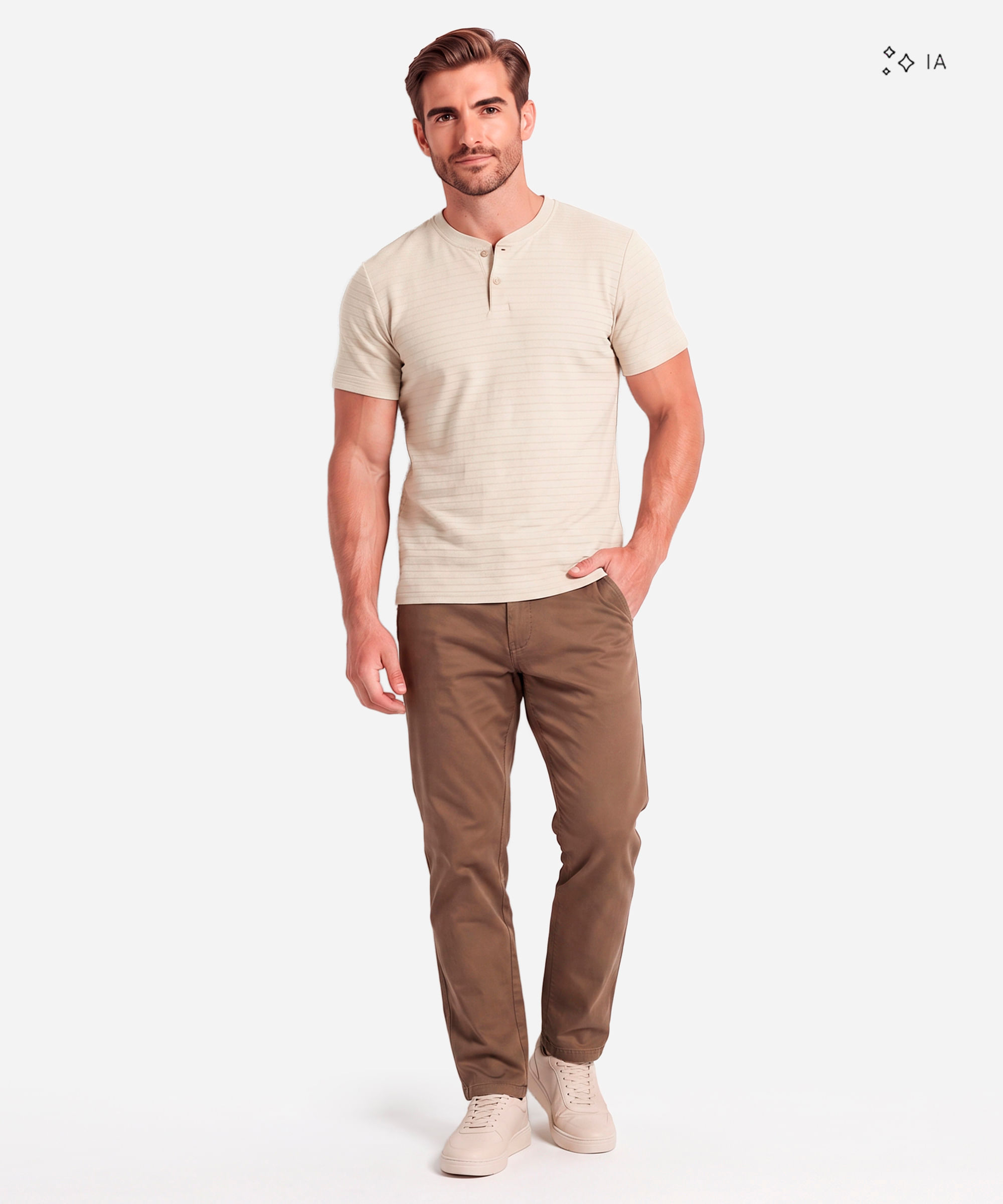 camiseta masculina henley listrada bege