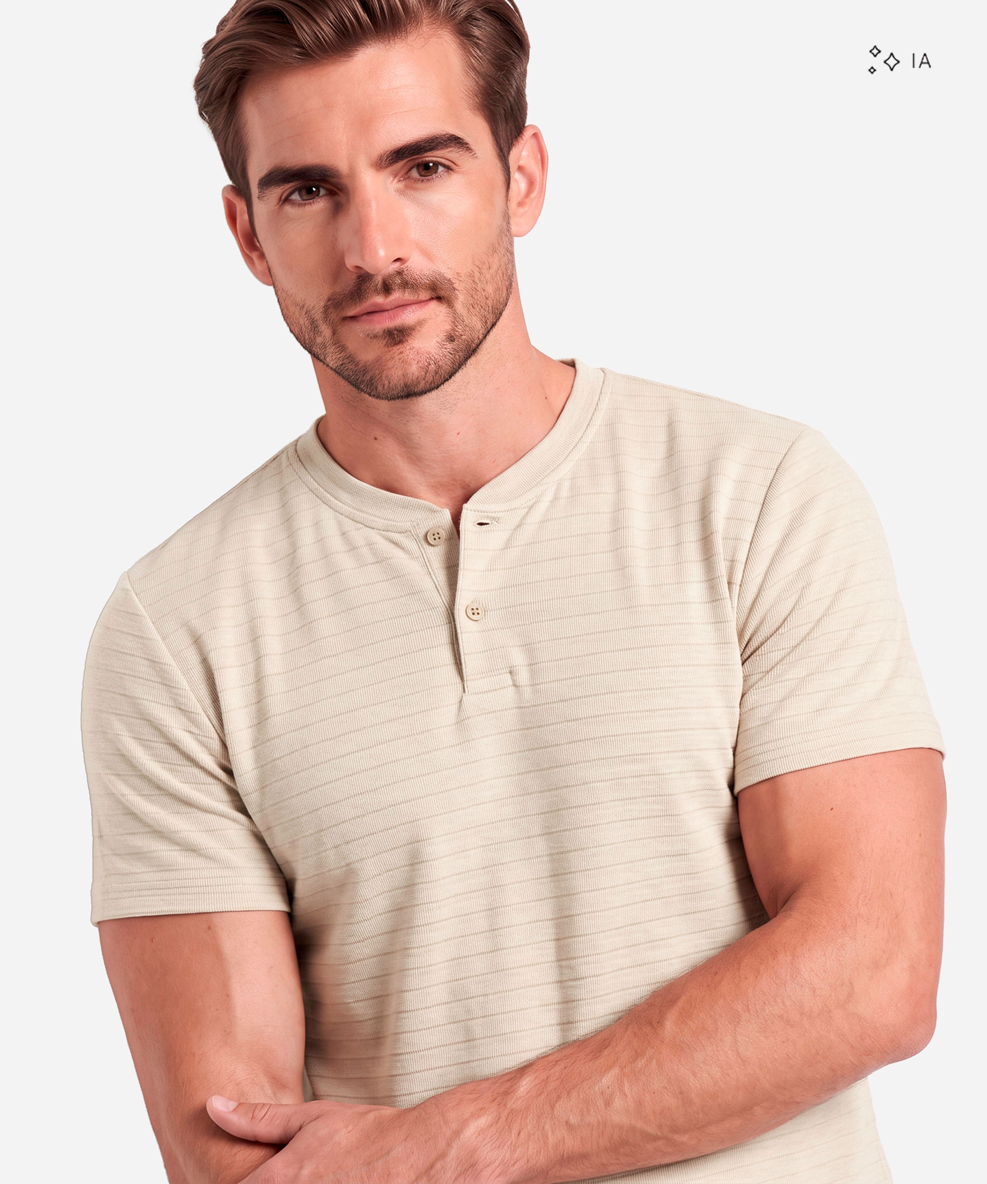 camiseta masculina henley listrada bege