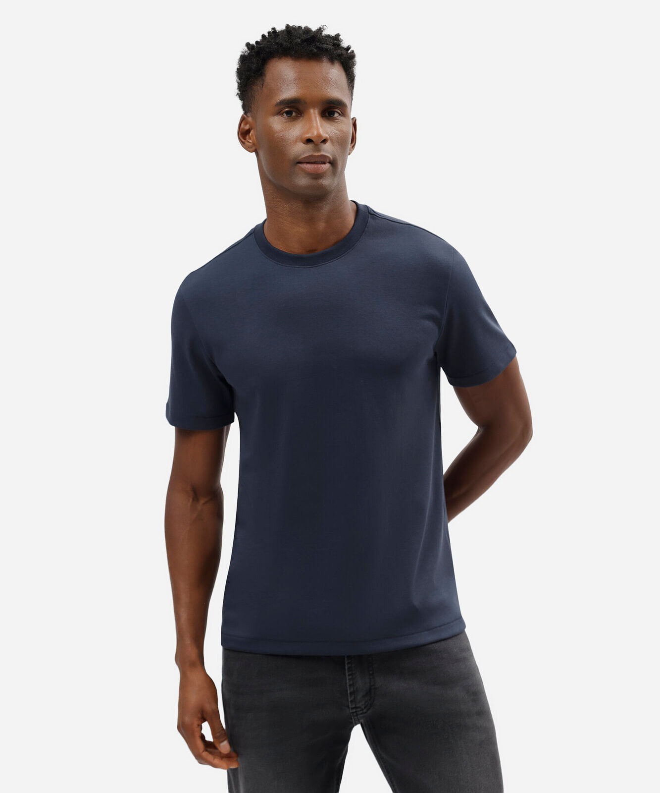 camiseta slim fit masculina de algodão peruano manga curta azul