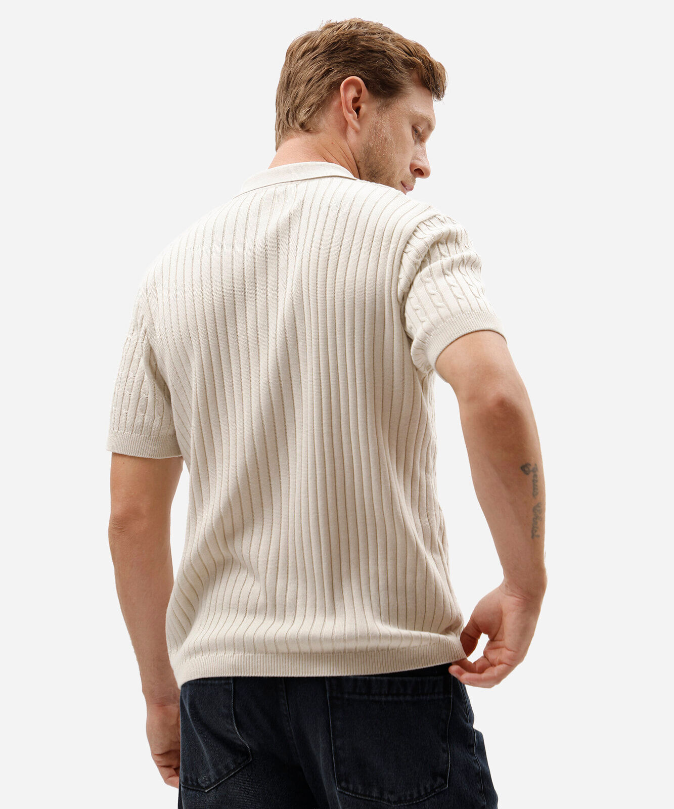 polo masculina de tricot manga curta bege