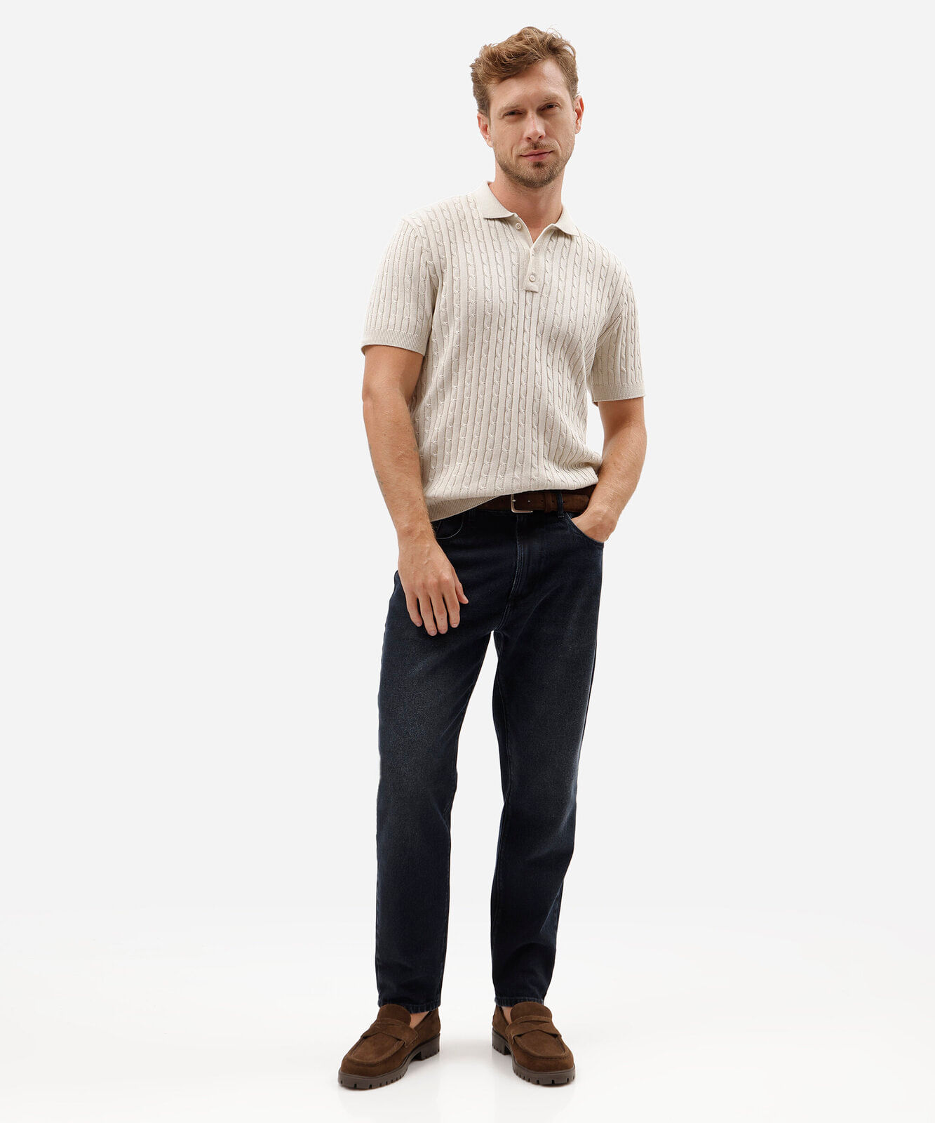 polo masculina de tricot manga curta bege
