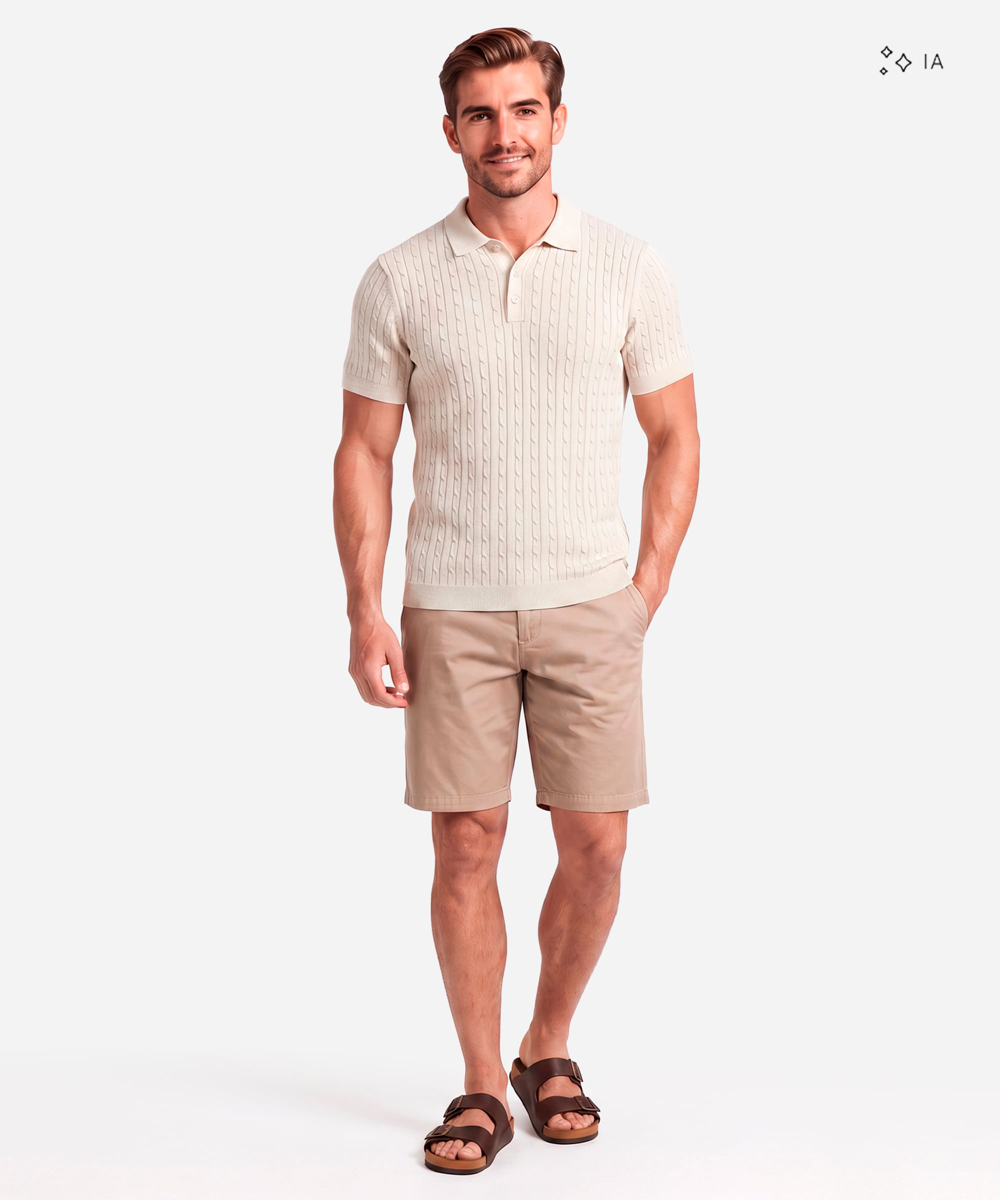 polo masculina de tricot manga curta bege
