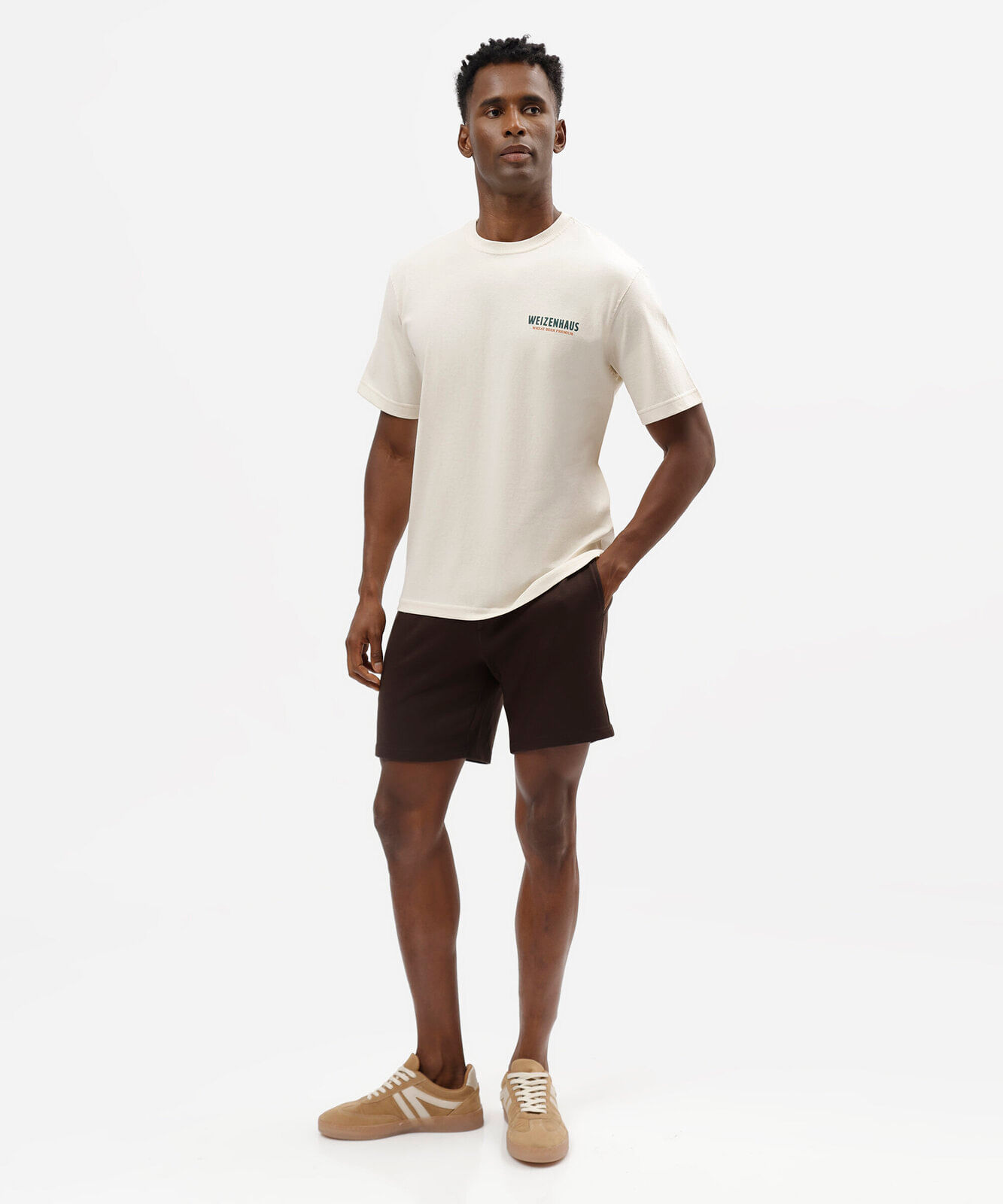 camiseta masculina de algodão manga curta estampada bege