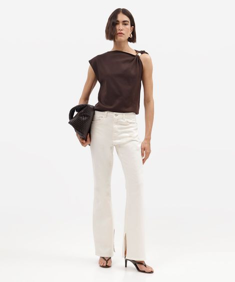 calça boot cut feminina de sarja com fendas cintura alta bege