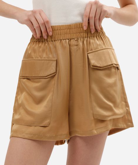 short cargo feminino com viscose cós elástico bege