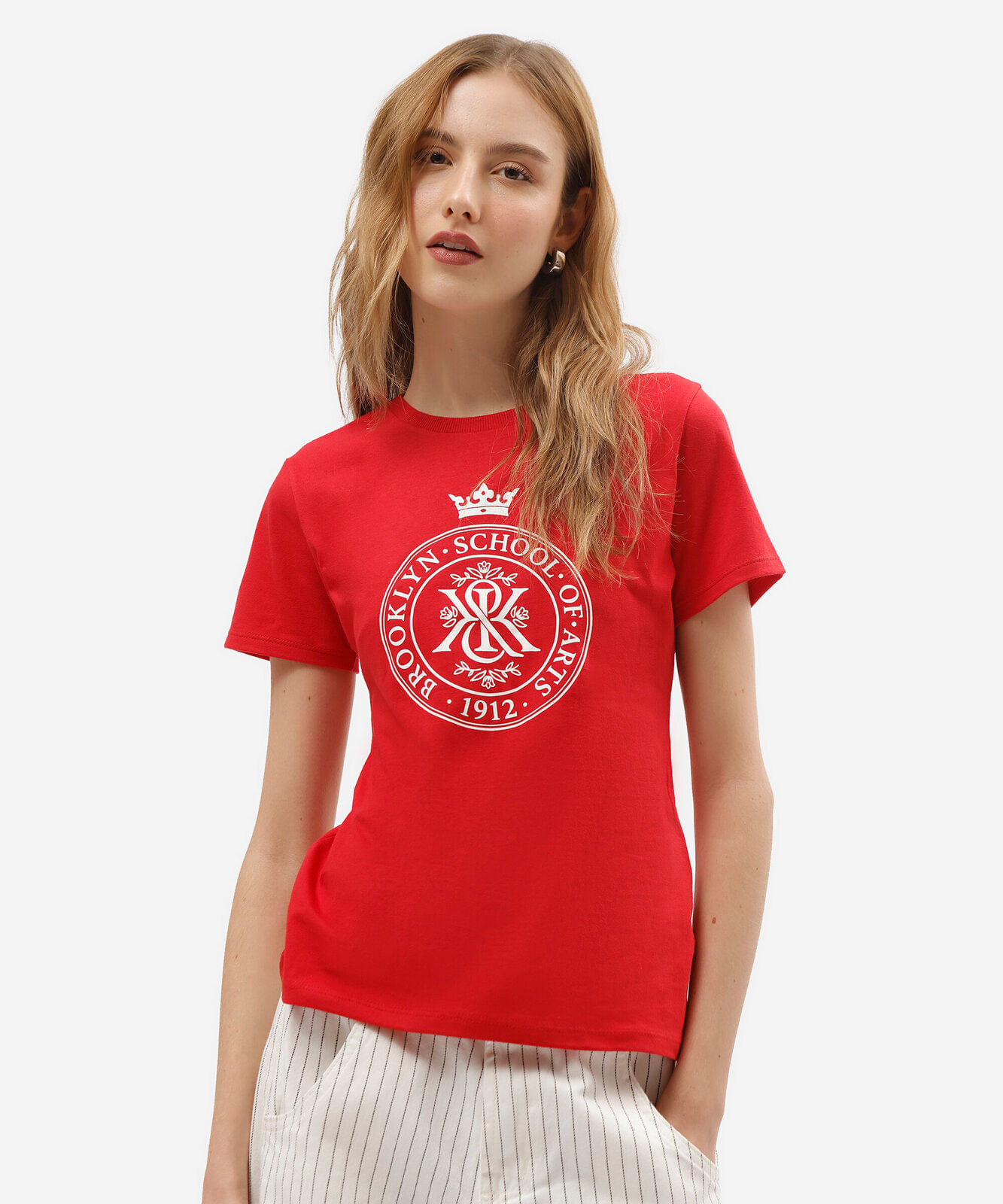 camiseta slim feminina de algodão manga curta estampada vermelha