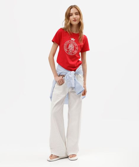 camiseta slim feminina de algodão manga curta estampada vermelha
