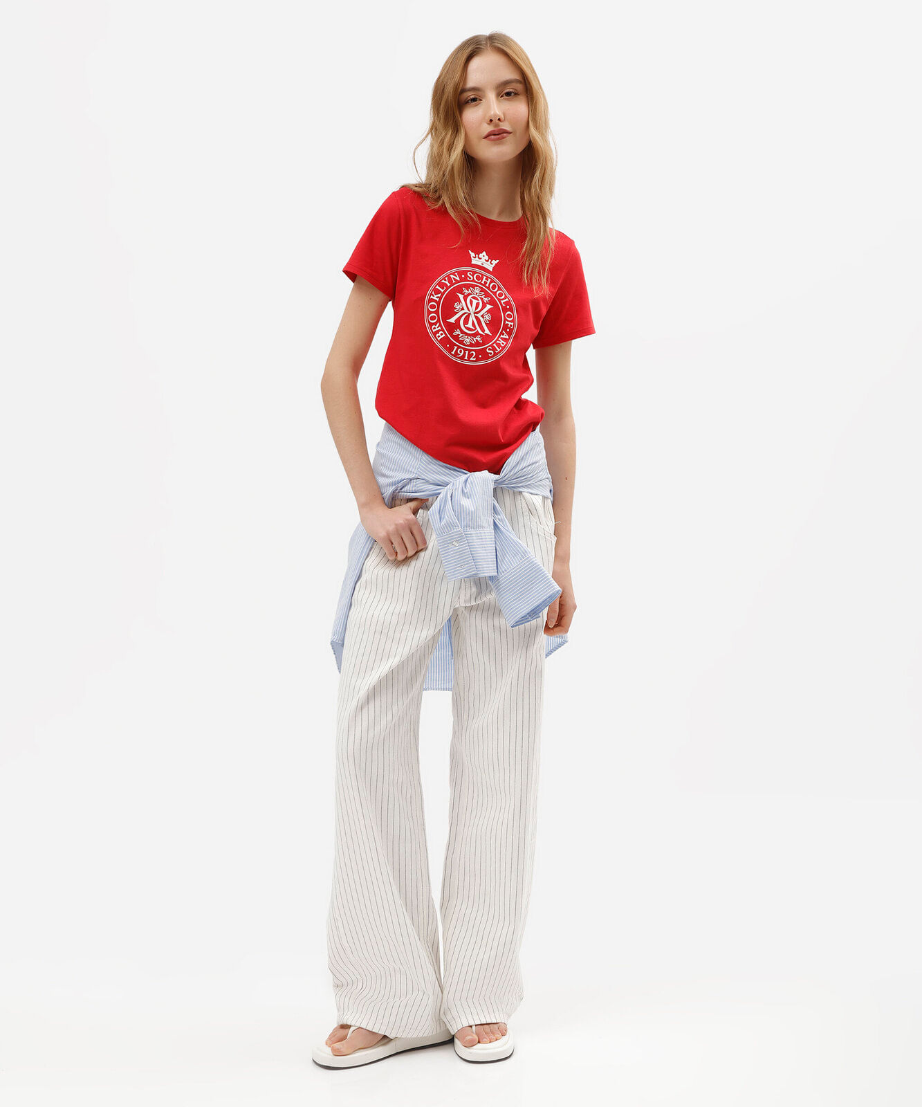 camiseta slim feminina de algodão manga curta estampada vermelha
