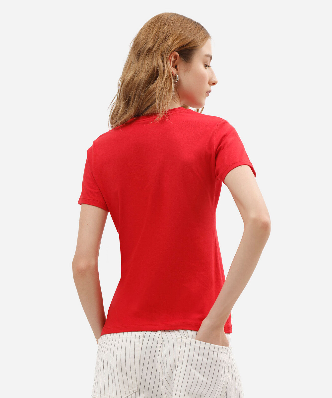camiseta slim feminina de algodão manga curta estampada vermelha
