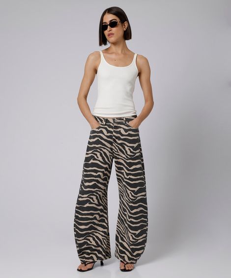 calça barrel feminina de sarja animal print mindset colorida