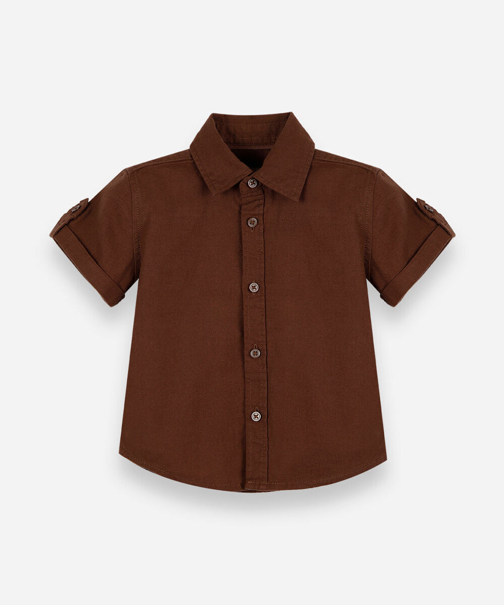 camisa de algodão infantil com mangas curtas e botões marrom