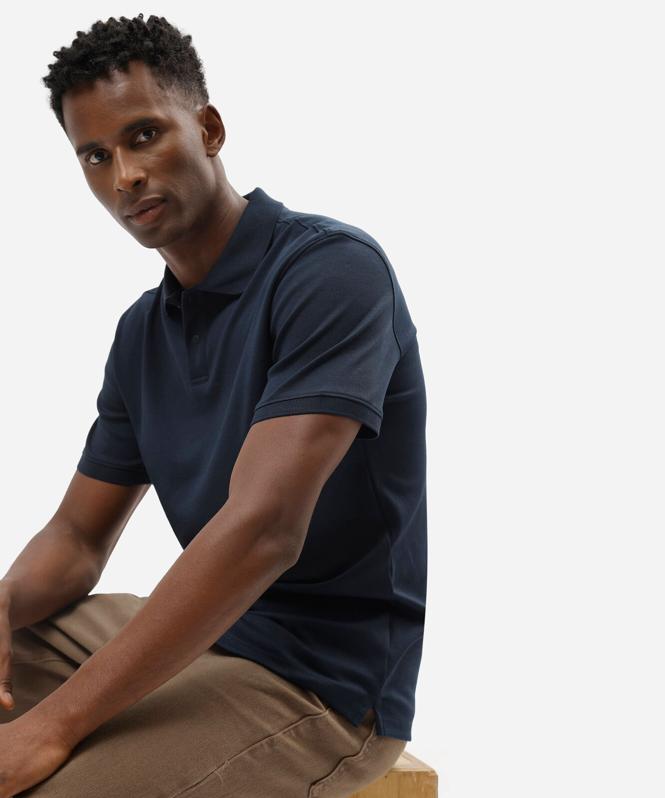polo masculina de algodão peruano manga curta azul