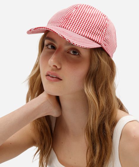 boné feminino aba curva de sarja com estampa xadrez vichy vermelho
