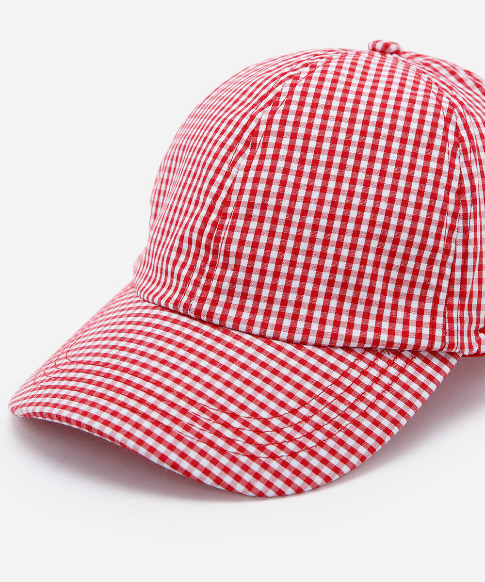 boné feminino aba curva de sarja com estampa xadrez vichy vermelho