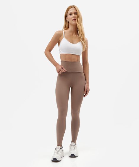 calça legging esportiva feminina de poliamida cós dobrável marrom