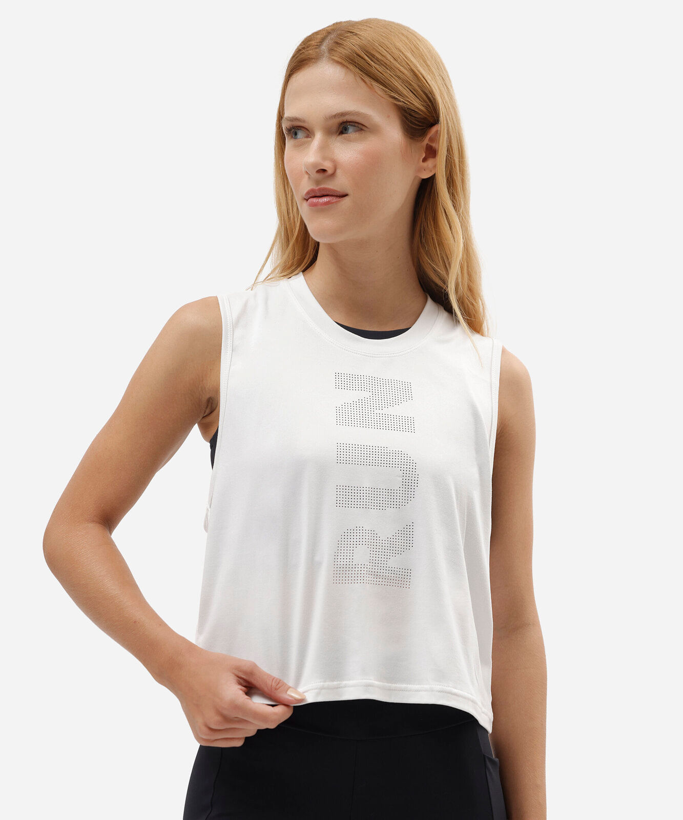 regata cropped esportiva feminina estampada branca