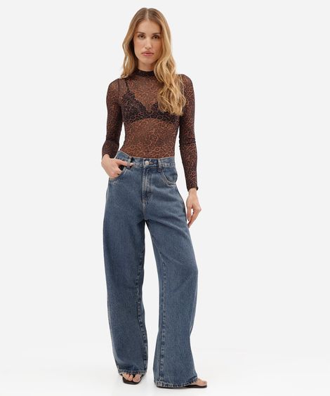 body feminino de tule manga longa animal print marrom