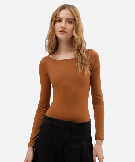body feminino de poliamida decote canoa manga longa marrom