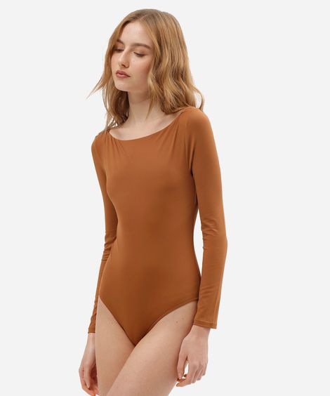 body feminino de poliamida decote canoa manga longa marrom