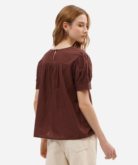 blusa feminina de algodão manga bufante com renda marrom