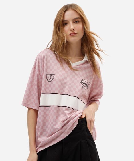 camiseta feminina com gola zé carioca xadrez rosa