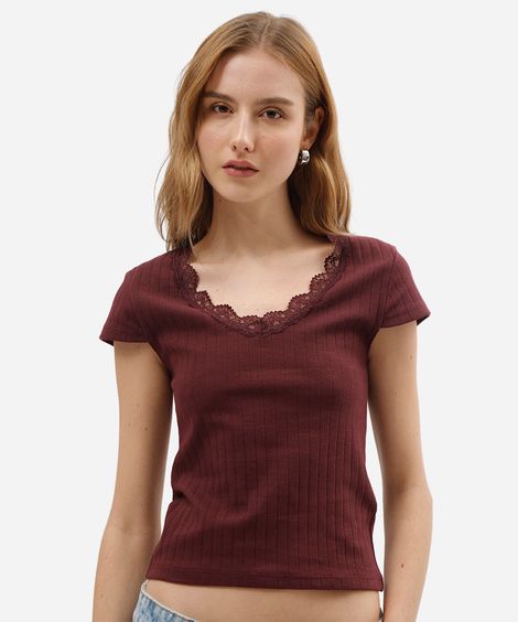 blusa baby look feminina de algodão com renda manga curta vinho