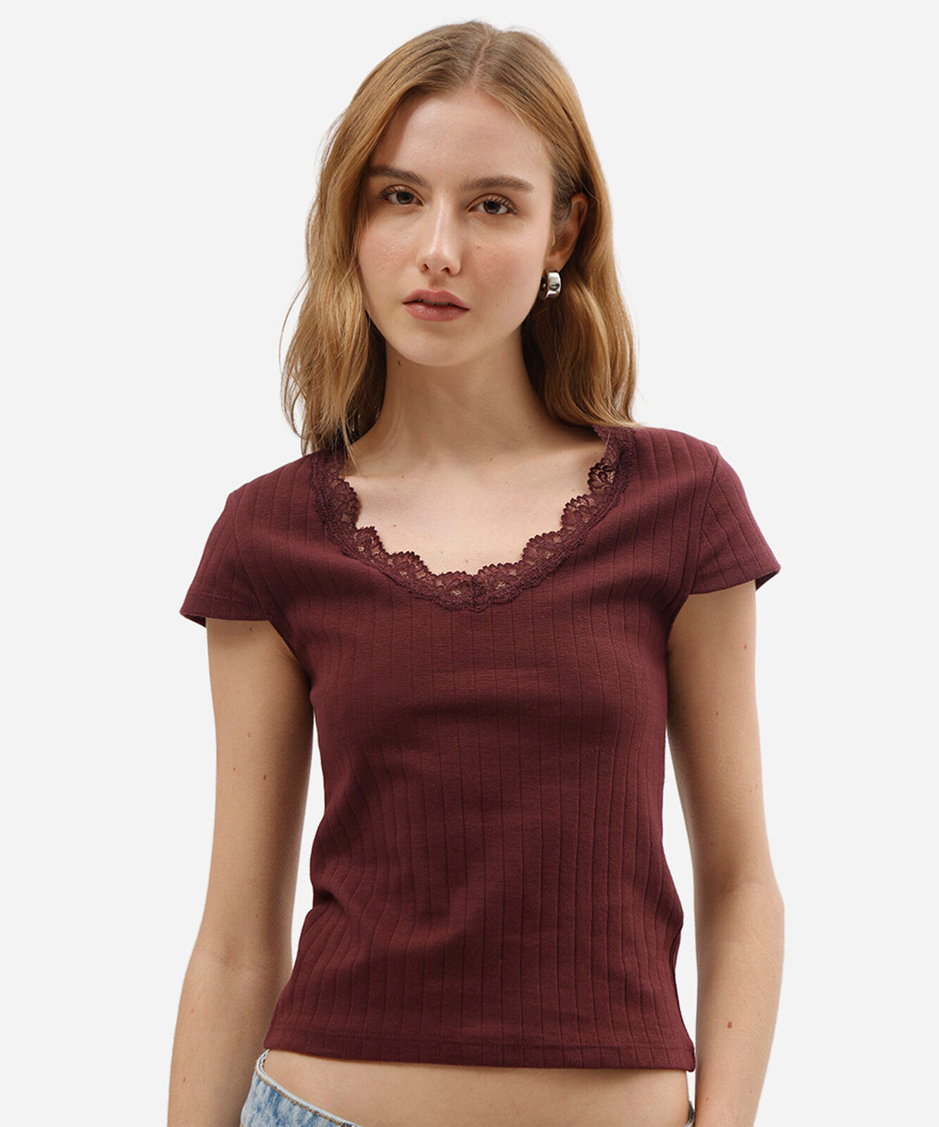 blusa baby look feminina de algodão com renda manga curta vinho