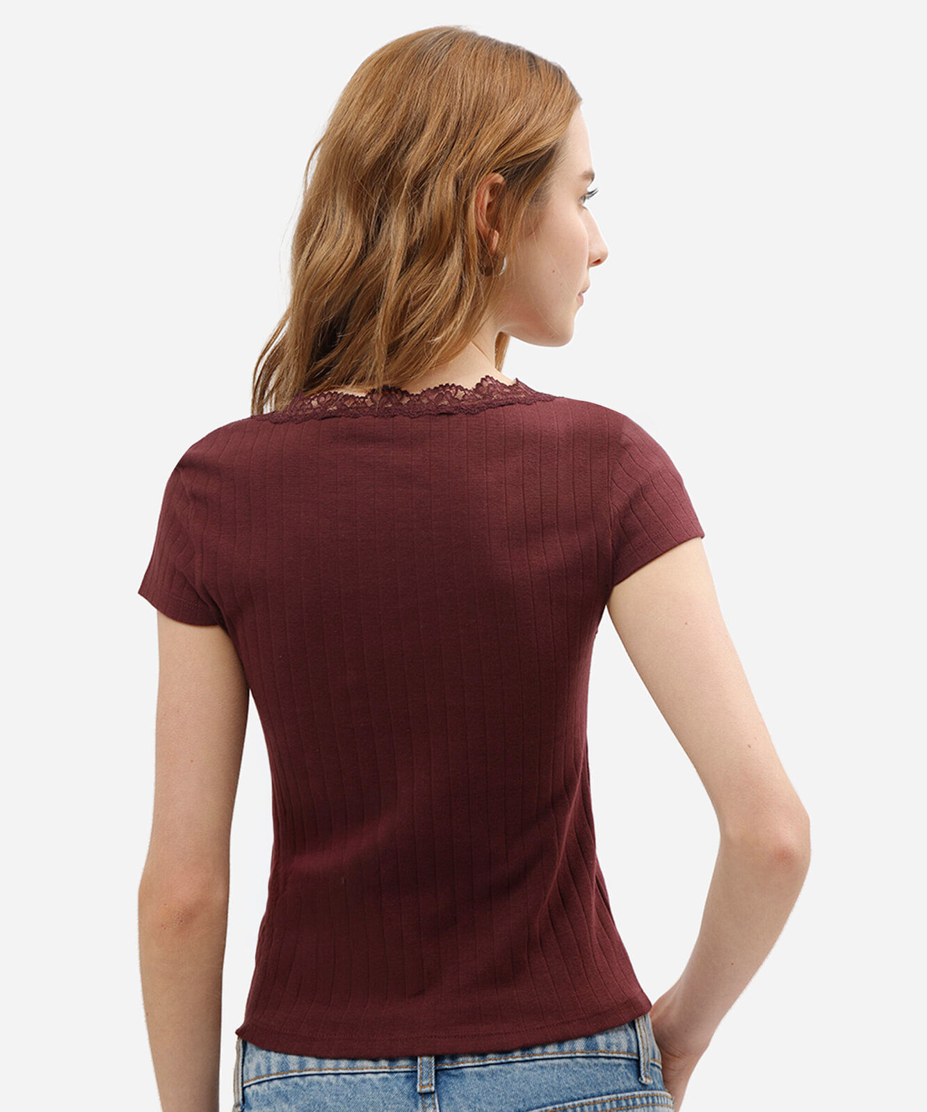 blusa baby look feminina de algodão com renda manga curta vinho