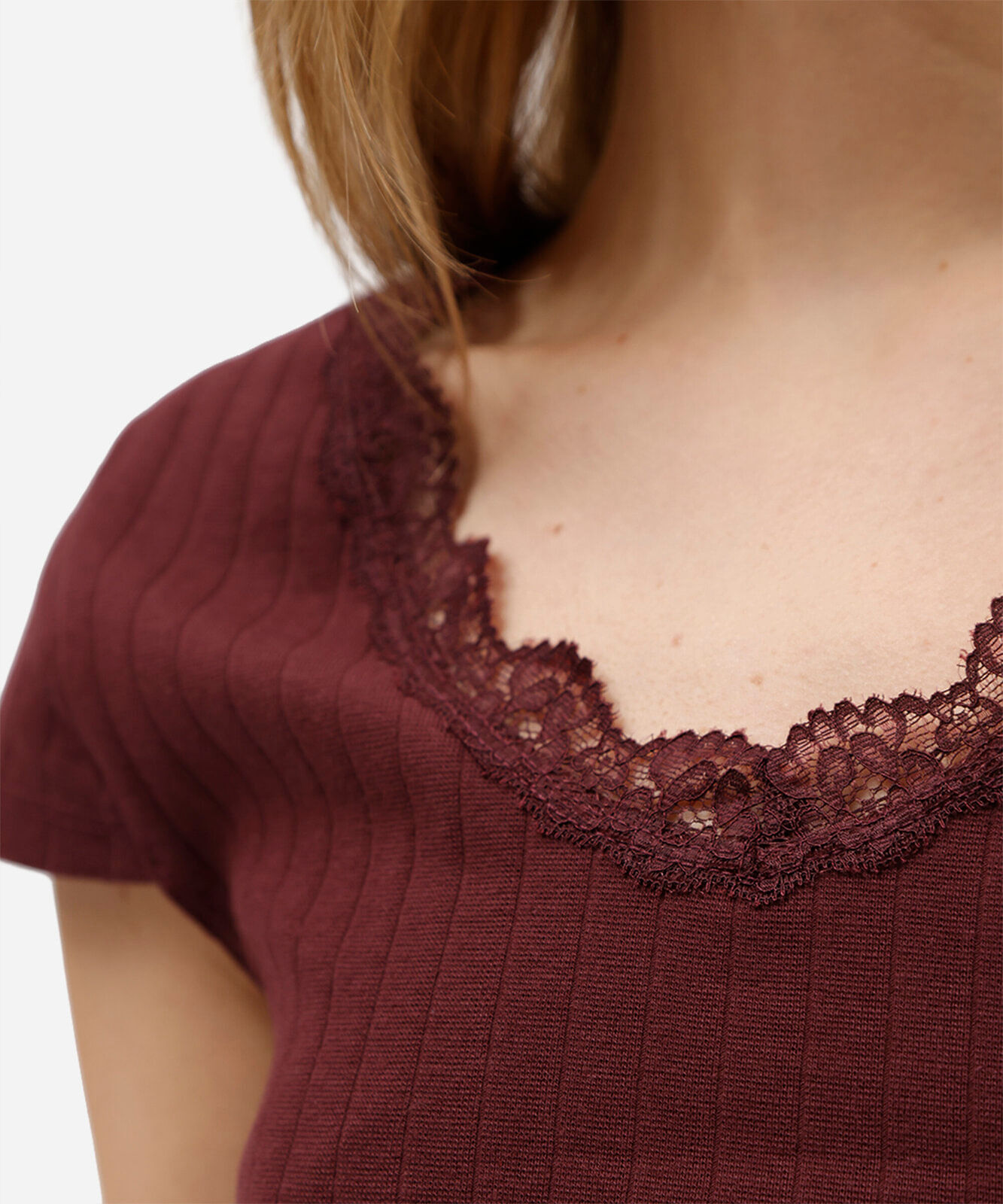 blusa baby look feminina de algodão com renda manga curta vinho